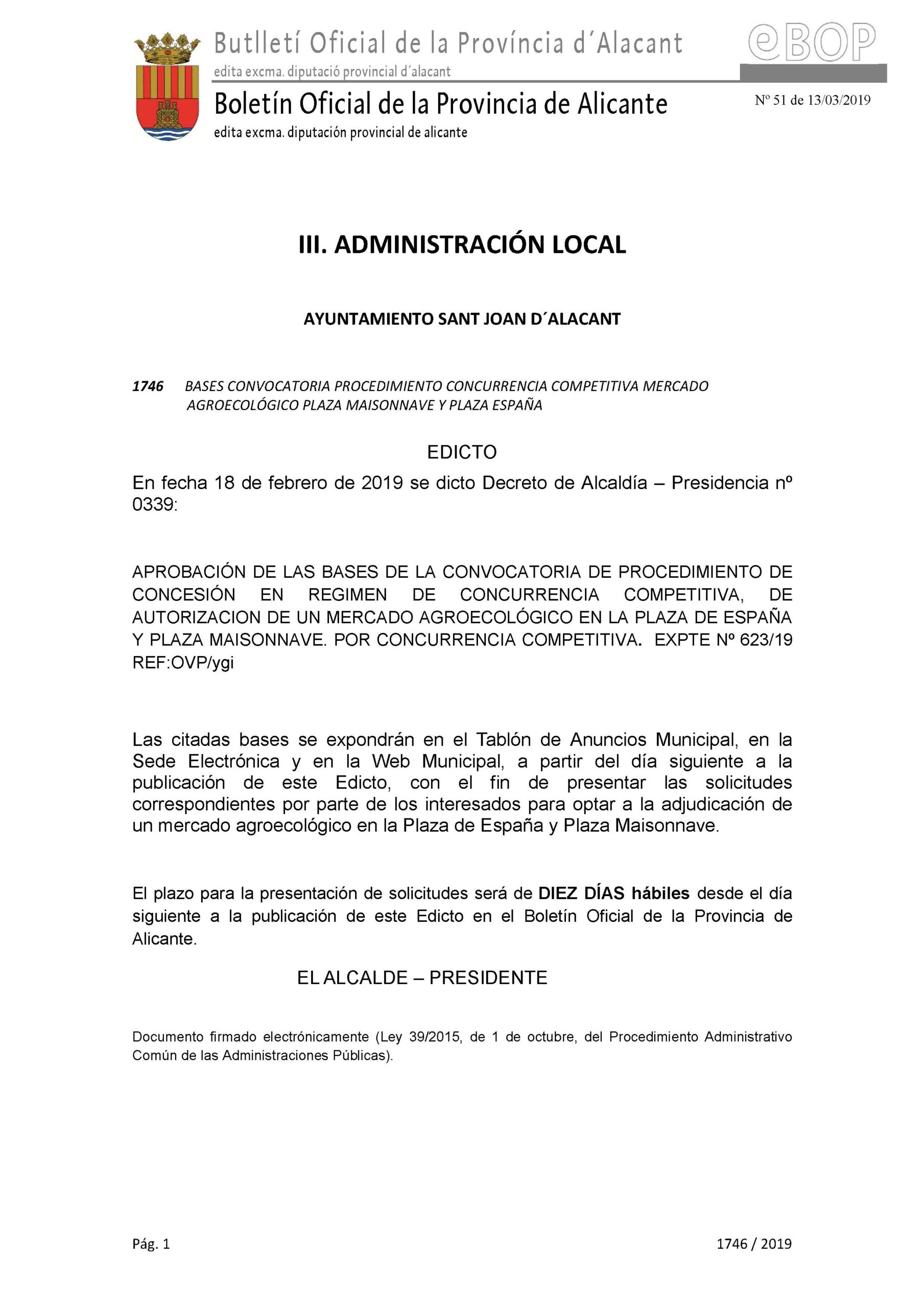 PUBLICACIÓN EDICTO BASES MERCADO AGROECOLÓGICO 2019