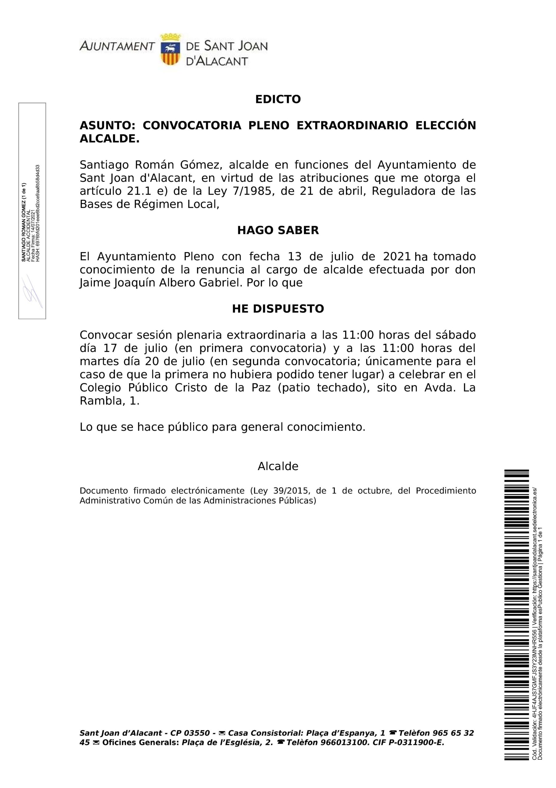 EDICTO SESIÓN PLENARIA ELECCIÓN ALCALDE