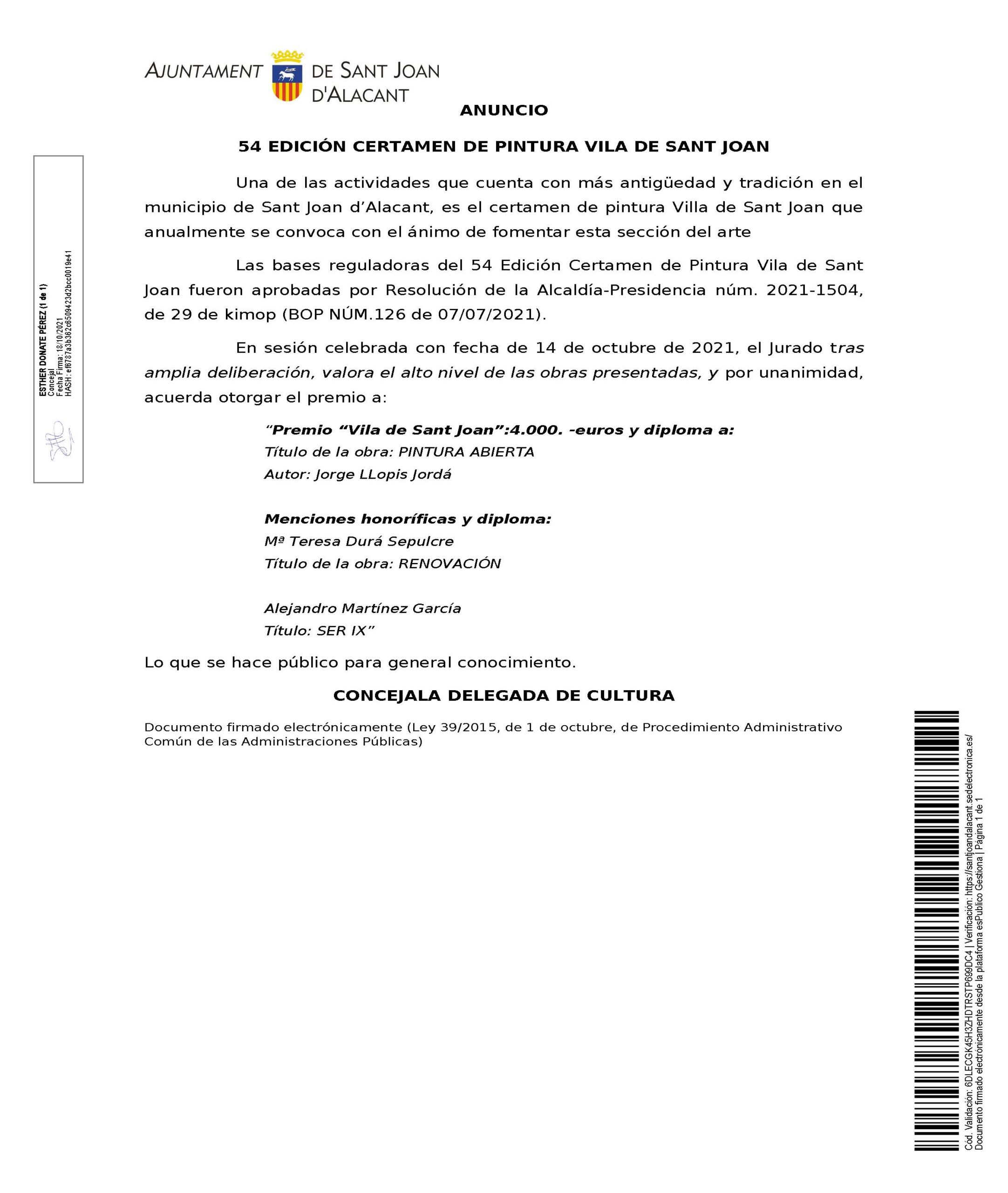 ANUNCIO FALLO JURADO 54 EDICIÓN CERTAMEN DE PINTURA VILA DE SANT JOAN - 2021